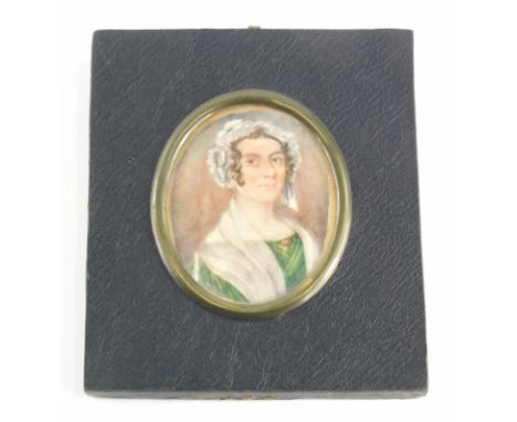 19thC English School. Portrait miniature of a lady, wearing green dress, gouache, unsigned, 7cm x 6cm.