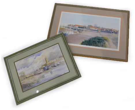 Alwyn Crawshaw (b. 1934). Boats in harbour with church and shipping village to background, watercolour on paper, 46cm x 30cm,