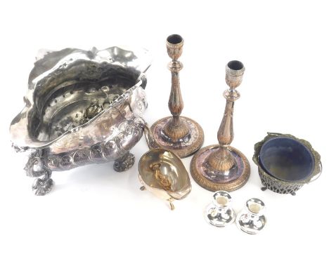 Various silver plated ware, to include a pair of 20thC classical candlesticks with urn dish holders, 27cm high, a large part 