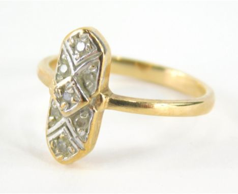 A 9ct gold Art Deco style dress ring, the central panel set with cz stones in white gold, on a yellow metal band, marked 9ct,