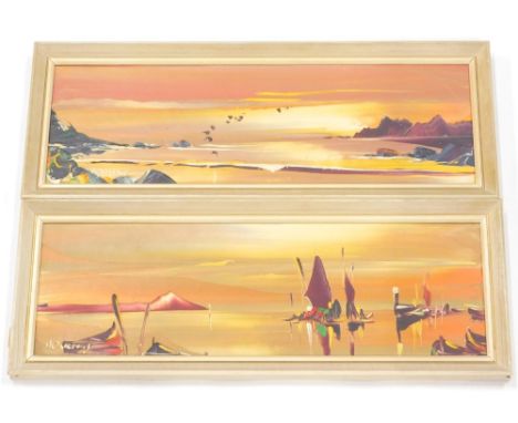 George R Deakins (1911-1982). Calm seascape, boats before hills, oil on board signed 15cm x 45cm and another. (a pair)
