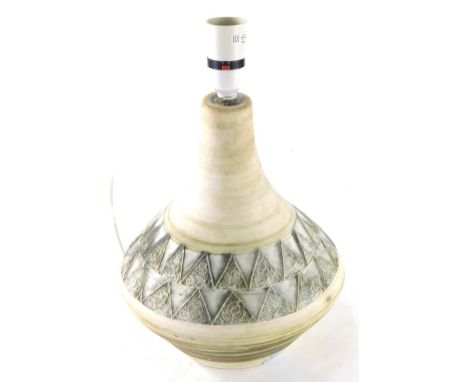 A 20thC John Buesmans Carn pottery Nancledra lamp base, with a double triangle banding on a circular foot, 37cm high.