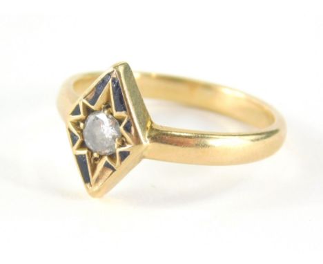 A diamond memorial ring, the central diamond shaped shield with illusion set old cut diamond, 3.8mm x 3.8mm x 1.8mm, with bla
