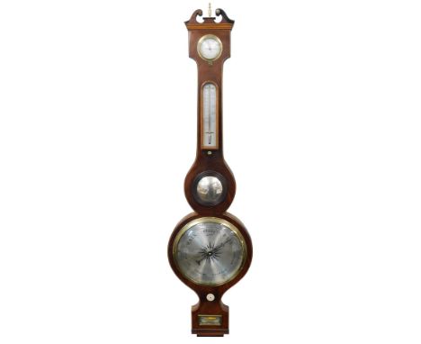 Dellar Torre Perth, A late 19thC mahogany and boxwood strung banjo barometer, the broken swan neck pedimented case surmounted