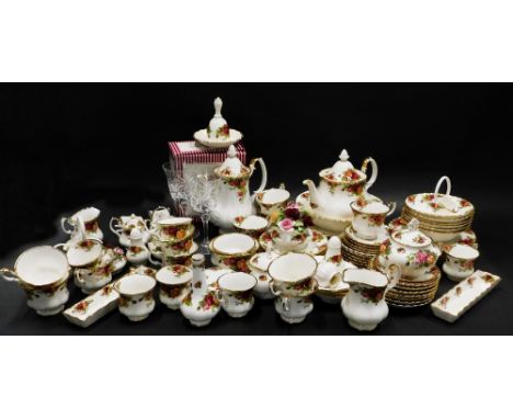 A comprehensive Royal Albert Old Country Roses pattern part tea service, to include serving bowl, 23cm wide, teapot, various 