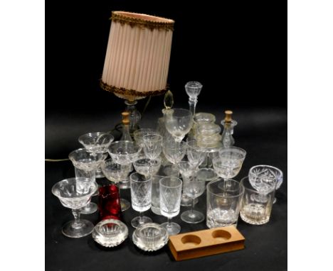 Various glass ware, 19thC and later, cut glass, Martini glass, cranberry and clear glass jug, 10cm high, a pair of jars, cand