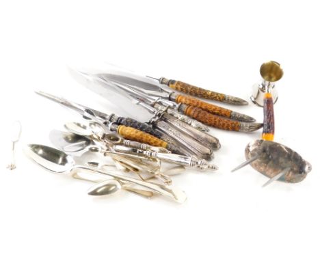 Various cutlery, silver plated, etc., horn handle carving set, with metal mounts by Atkin Brothers, to include knife 32cm wid