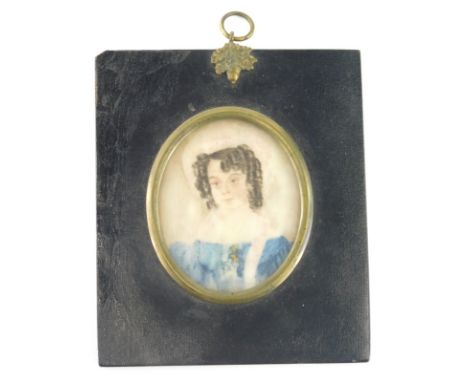 19thC English School. Portrait miniature of a lady quarter profile, hair up, in blue dress, unsigned, 8cm x 6cm.