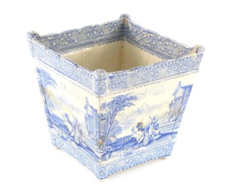 A 19thC blue and white transfer printed Arcadian Chariots planter, of square tapering form, typically decorated with moulded 