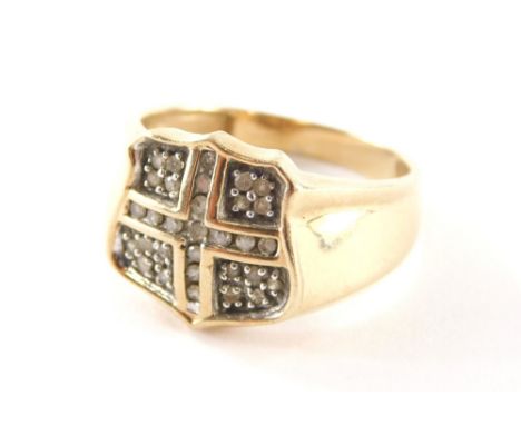 A 9ct gold gents signet ring, with central flag design, set with tiny diamonds, marked TGCC, ring size W, 4.5g all in.