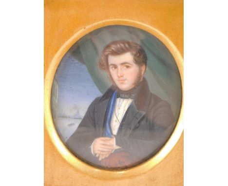 19thC English School. Portrait miniature of a gentleman, quarter profile, in jacket with river in the distance, gouache, unsi