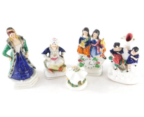 Various 19thC Staffordshire flat back figures, etc., Turkish gentleman in blue, orange and yellow, 15cm high, pair of figures