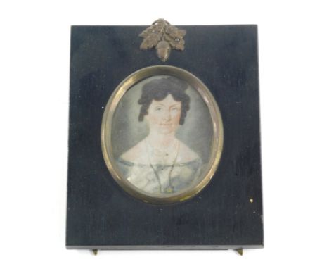 19thC English school. Portrait miniature of a lady with hair up, wearing dress, gouache, unsigned, 7cm x 5cm.