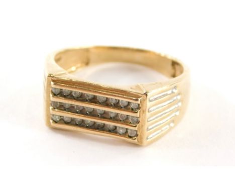 A 9ct gold gents signet ring, with three bars of tiny diamonds, with etched design shoulders, ring size V½, 4.4g all in.