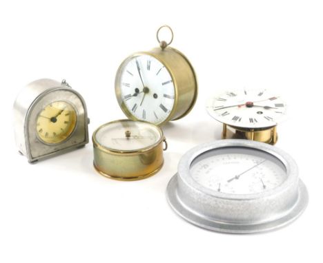 Various clocks, etc., a 20thC mantel clock, in plain circular case with 12cm diameter Roman numeric dial and eight day moveme