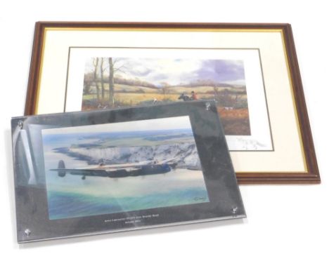 After Dooley. Avro Lancaster hologram print, 32cm x 36cm and a hunting scene, artist signed limited edition print 461/850 (2)