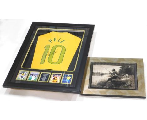 Pele. A framed montage, including part shirt bearing signature with small photographs and certificate of authenticity, 79cm x