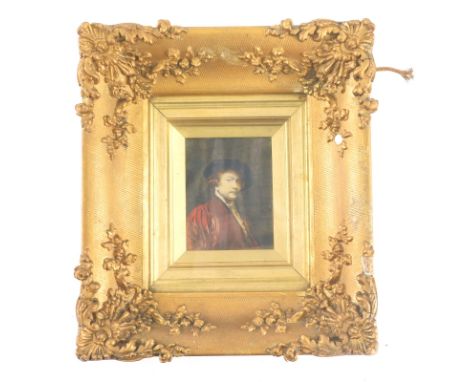After Reynolds. 19thC portrait, quarter profile, wearing hat, 9cm x 8cm.