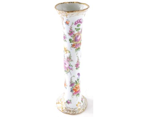 A 20thC Dresden porcelain vase, of cylindrical form profusely decorated with flowers with gilt highlights, marked beneath, 39