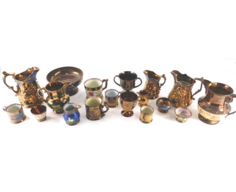 Various 19thC pottery copper and pink lustre ware, to include jugs, footed bowl, 20cm diameter, various other cups, jugs, fro