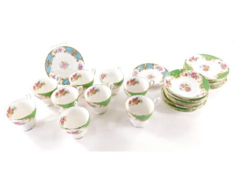 A Paragon Rockingham part tea service, comprising nine cups, saucers, and side plates, printed marks beneath and two Shelley 