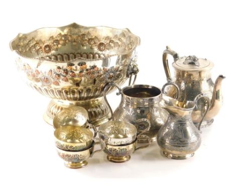 Various silver plated ware, etc., a punch bowl of shaped circular form with lion mask handles on a part gadrooned domed circu