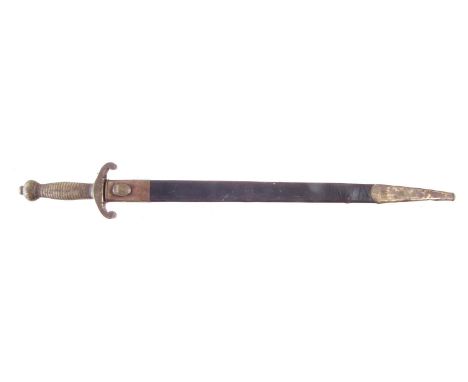 19th century short sword and scabbard, with brass grip and guard, (stuck in scabbard)64cm long 