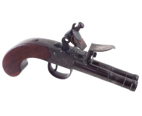 Flintlock 54 bore double barrel boxlock pistol, with cannon turned 2 1/2 inch barrels numbered 3 and 4, the action engraved r