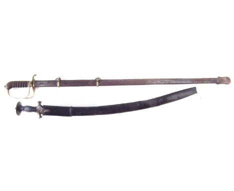 Indian Tulwar, with 69cm curved blade and leather scabbard, also one other sword and scabbard of 1822 pattern. The largest it