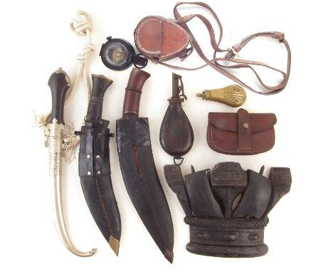 British Army compass, MkII dated 1932, with leather case named C.C. Moores, Kukris and a Persian knife, together with powder 