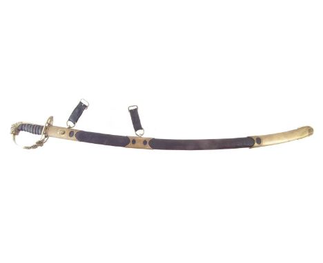 1803 pattern sabre and scabbard, probably a 20th-century copy with a curved blade, wire bound wood grip and brass guard. 93cm