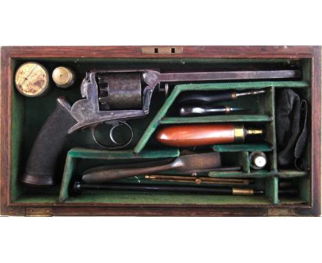 Cased Deane, Adams and Deane, 38 bore percussion revolver, 1851 model circa 1853, serial number 1676, the 7 inch octagonal ba