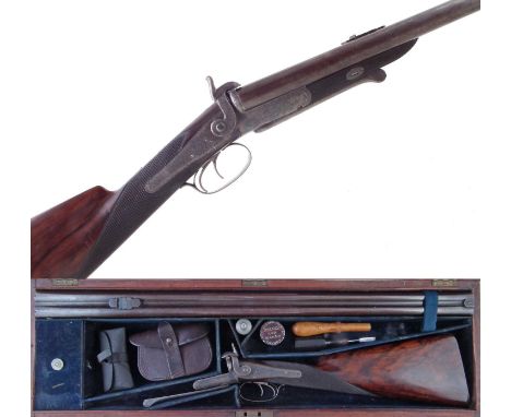 Cased Reilly double barrel pinfire 15 bore rifle, serial number 10054, 30 inch Damascus barrels with 502 New Oxford Street Lo