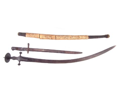 Indian Tulwar, excavated P14 bayonet, and a Japanese ivory short sword.The largest item measures 85cm long