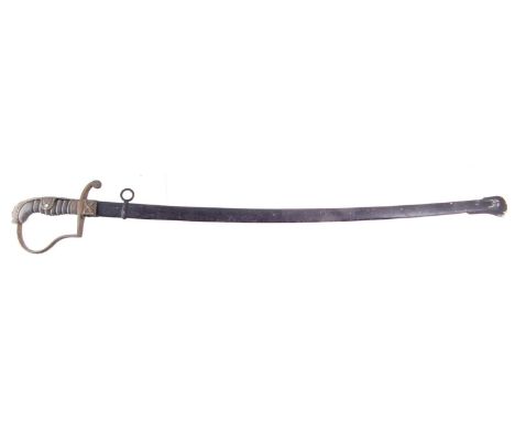 German Artillery officers sword and scabbard, the blade engraved 'Eisenhauer' (best steel) with lion head pommel, fish skin w