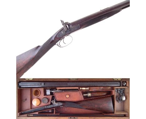 Cased Alex Henry percussion double rifle retailed by R. T. Pritchett with incredibly unusual rifling. the 28 inch Damascus ba