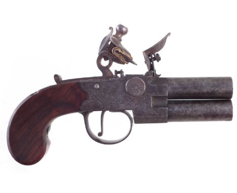 Henry Nock flintlock 120 bore double barrel pistol, boxlock action with 1 3/4 inch turn off barrels, side tap lever for singl