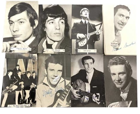 A large quantity of black and white postcards depictibg 1960s rock 'n' roll stars (many duplicates), some with printed signat