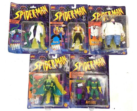 A mixed lot of  highly collectible vintage 1990s boxed and carded Spider-man collectible figures by Toybiz, to include: - Mys