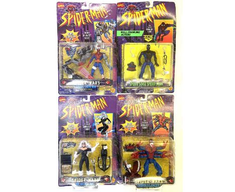 A mixed lot of 4 highly collectible vintage 1990s Toybiz Spider-man collectible figurines in original boxes with bonus collec