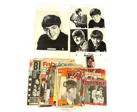 Mixed lots of vintage 1960s pop and rock magazines, The Beatles posters and Boy George playing cards.Magazines to include Tee