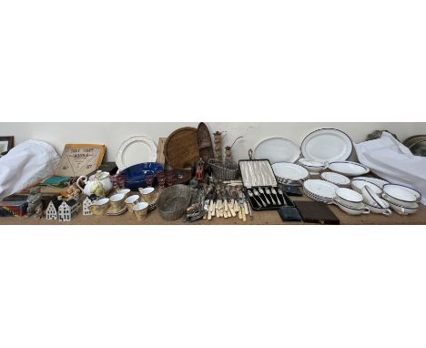 A large lot comprising a Minton Saturn pattern part dinner set, electroplated flatwares, treen, Hummel figures, dominoes, dri