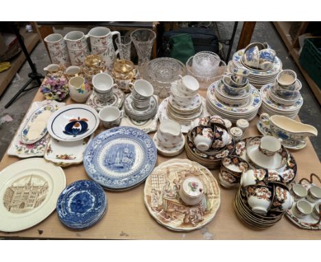 A Masons Regency pattern part tea and dinner service together with other part tea sets, blue and white plates, jugs, glass bo