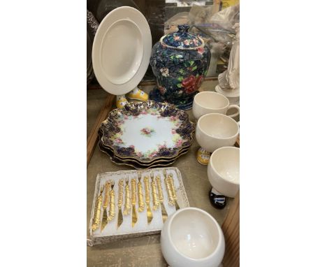 A set of three Royal Doulton dessert plates together with Carltonware bowl and matching mugs, biscuit barrel and stand, gilt 
