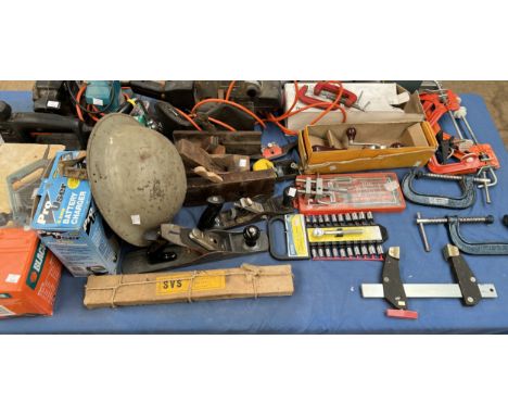 Woodworking tools together with clamps, tin helmet, sanders etc 