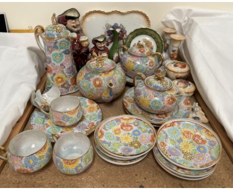 A Japanese part tea set decorated with flowers together with two Royal Doulton Toby jugs, part dressing table set etc