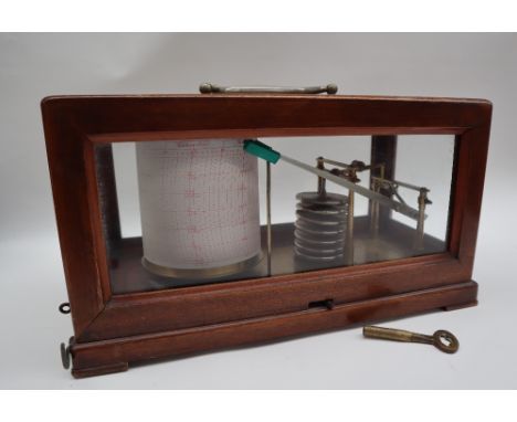 A mahogany cased Barograph with a carrying handle and four glass sides with a brass barrel and base plate stamped LM either s