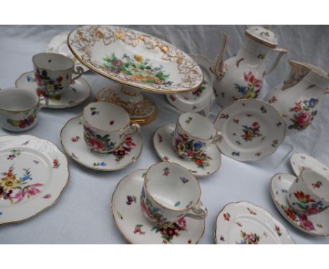 An Herend porcelain part tea service comprising a hot water pot, five tea cups, six saucers and six side plates all painted w