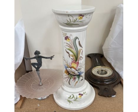 An oak cased aneroid barometer together with a pottery jardiniere stand and an Art Deco style cake stand