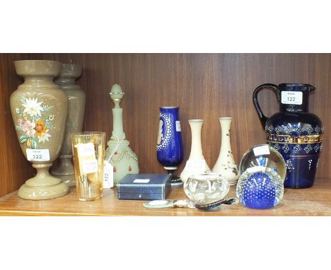 A pair of late-19th century brown opaque glass vases with floral decoration, 21.5cm high, a Mary-Gregory-style amber glass be